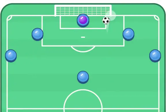 The rival wall of blue pucks and their keeper, with a shot going in